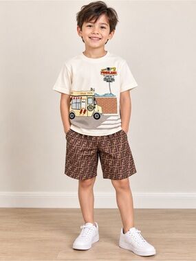 Fendi Cream Ice Cream Truck Graphic Tee and Brown FF Logo Shorts